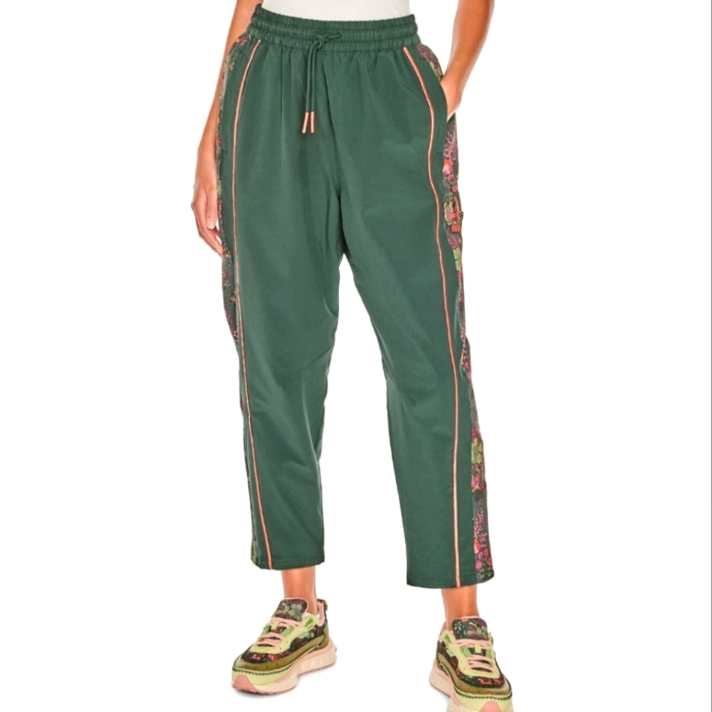 Green Track Jogger Pants with Floral Side Panels